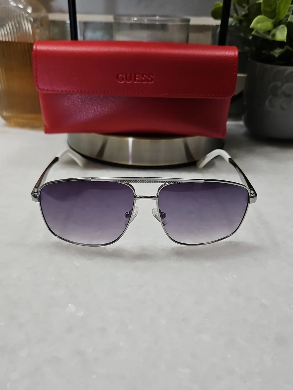 GUESS Men's Red Sunglasses Case with Silver Frame Sunglasses